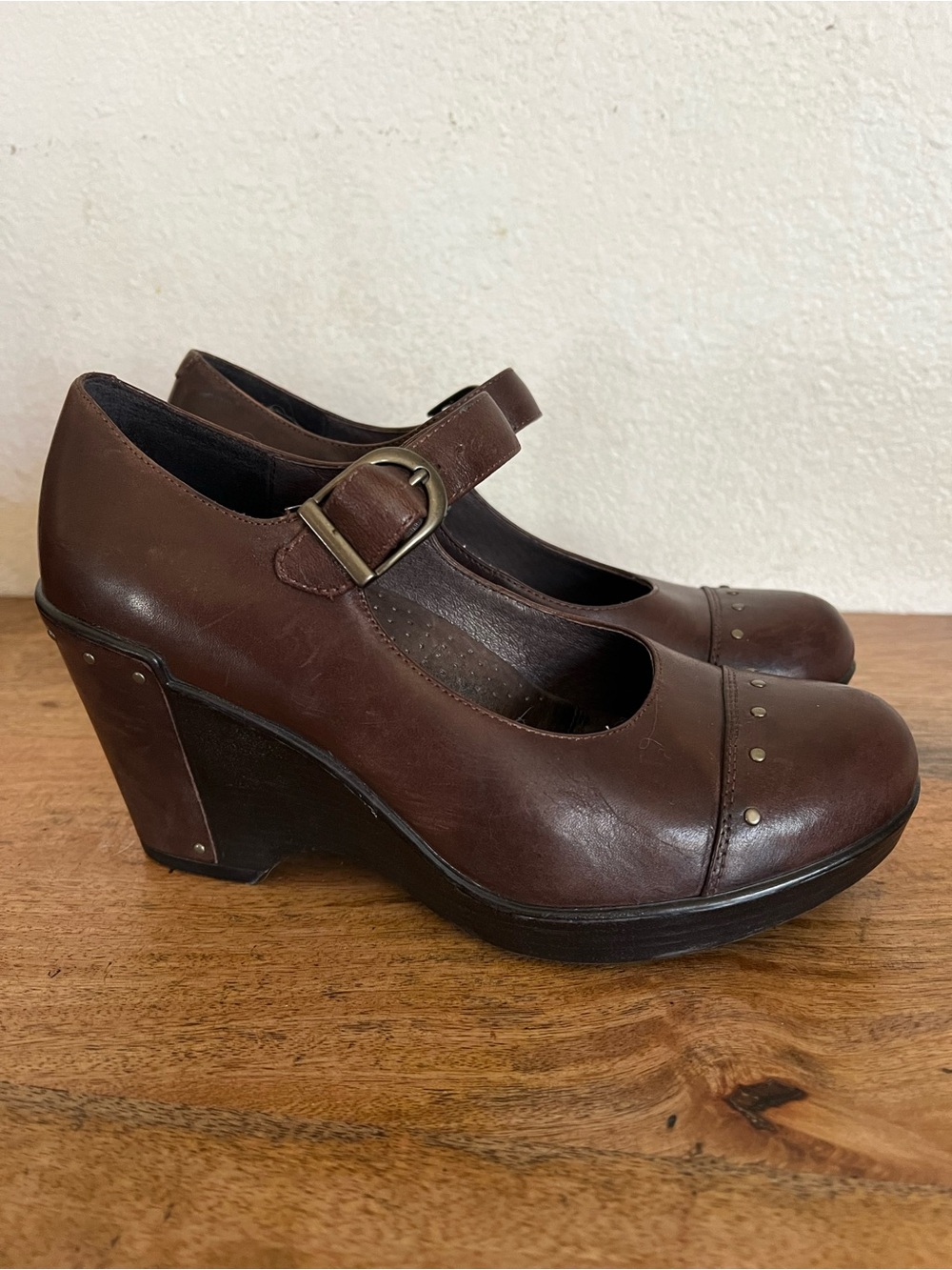 Dansko Fanny Leather Mary Jane Wedge Heels Women's Brown Size 38